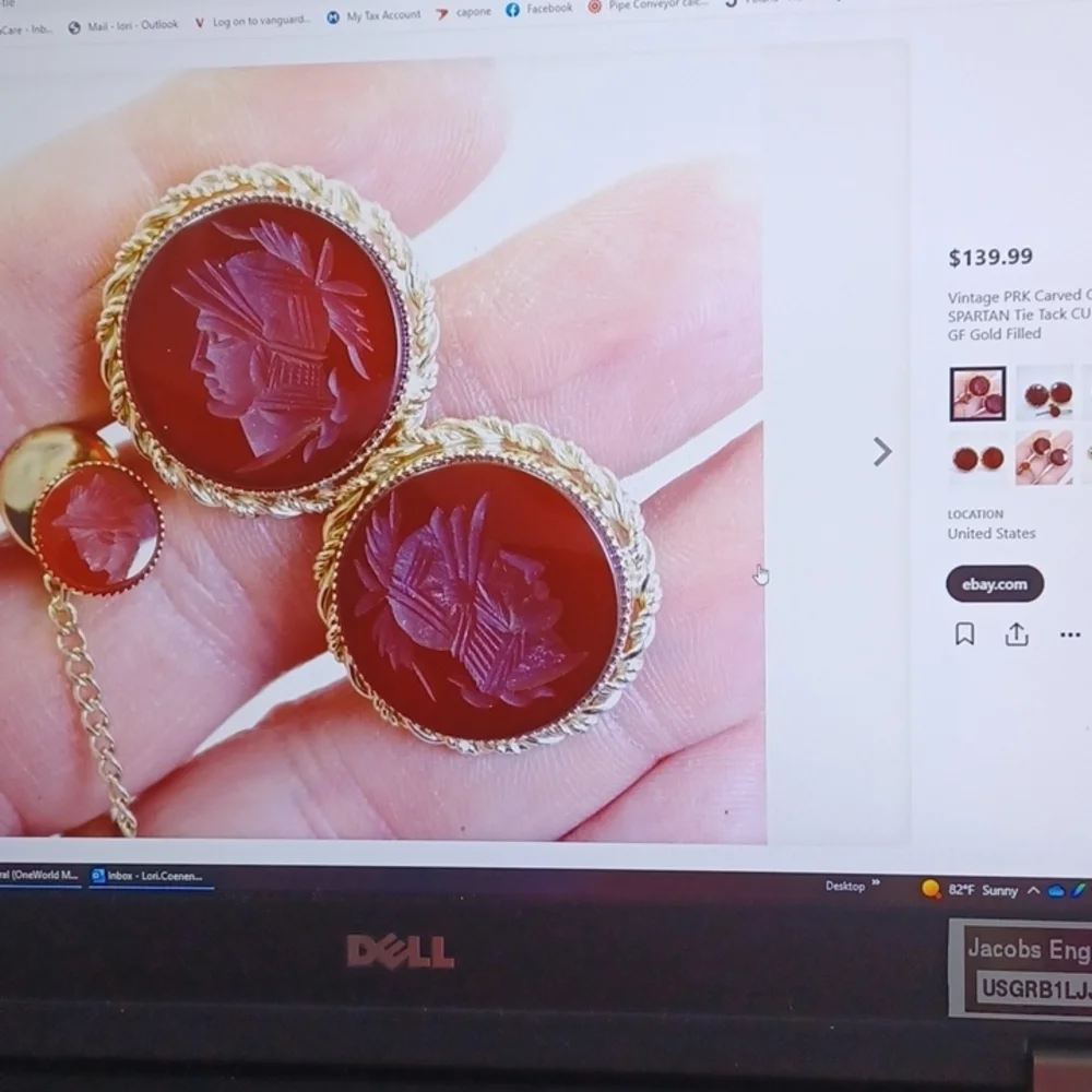 Vintage PRK Carved Carnelian Spartan Tie tac and Cufflinks, 12K gold filled